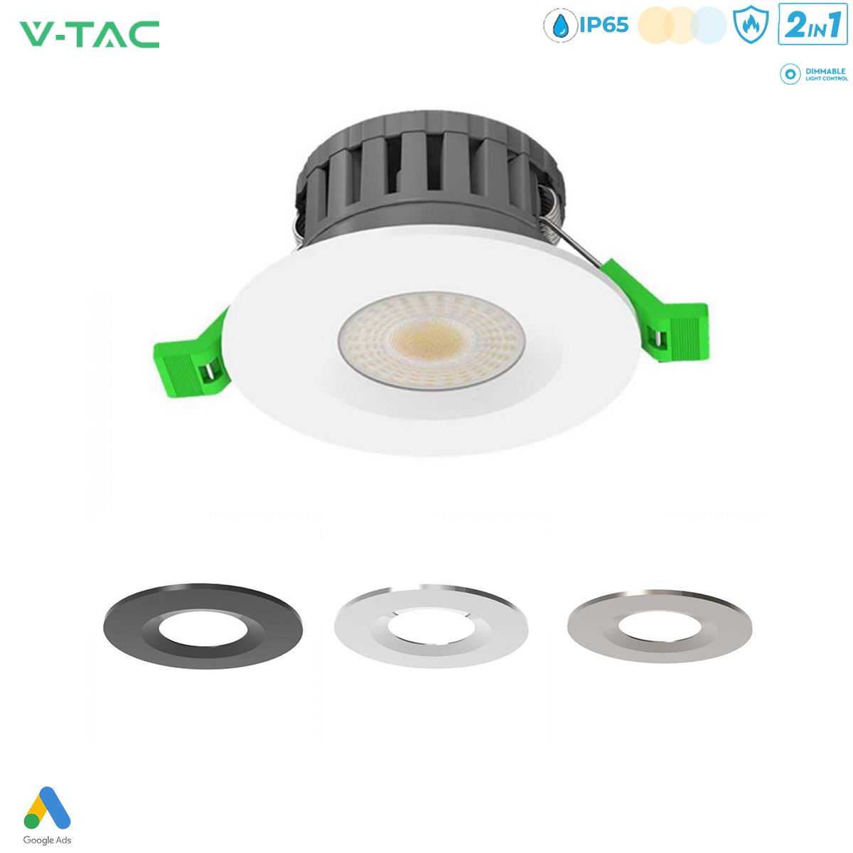 V-TAC Dual Wattage 5W 8W Universal IP65 LED Fire Rated Downlight Dimmable CCT - All in 1 Light