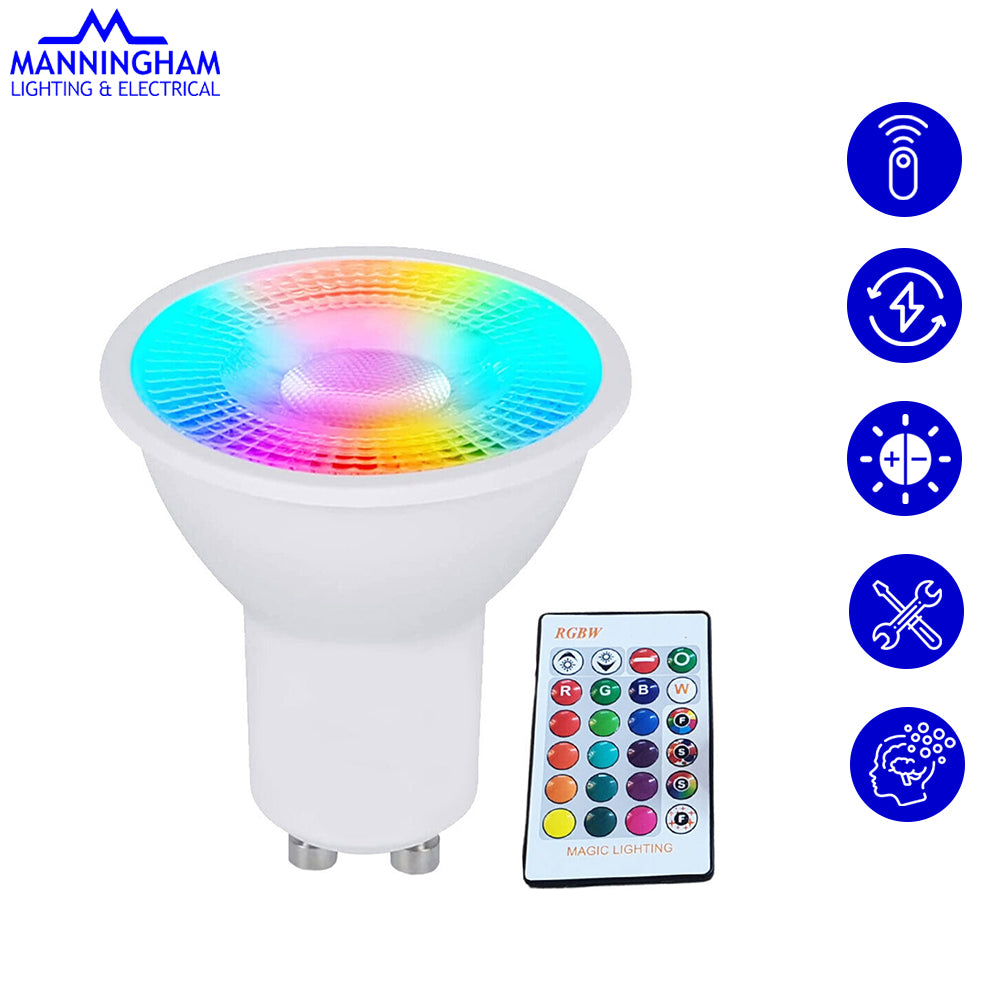 5W RGB GU10 Colour Changing Remote Control  LED Light Bulb Dimmable Mood Lighting  Energy Efficient