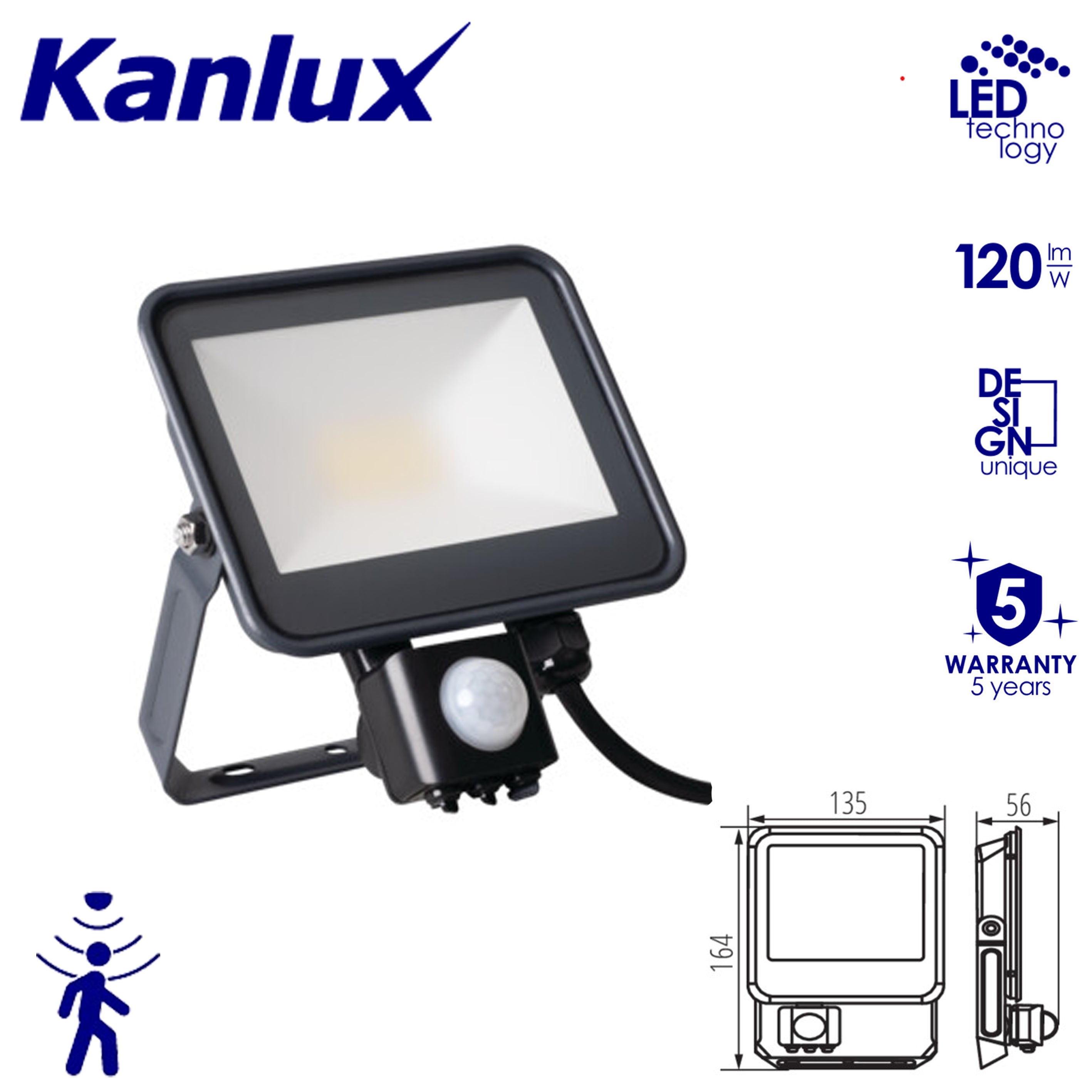 Kanlux IQ-LED FL Outdoor Garden Garage Floodlight - IP44 PIR Motion Sensor