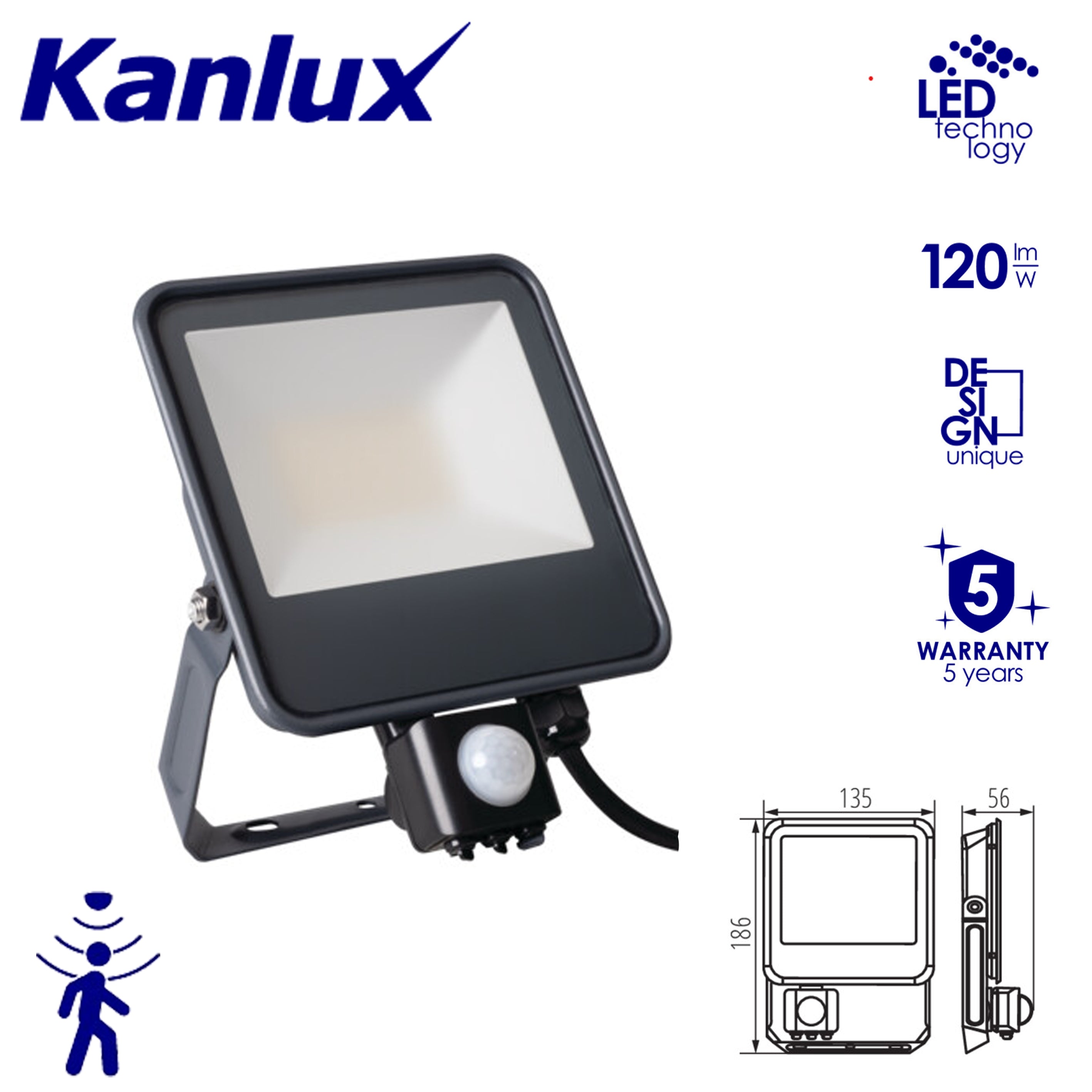 Kanlux IQ-LED FL Outdoor Garden Garage Floodlight - IP44 PIR Motion Sensor