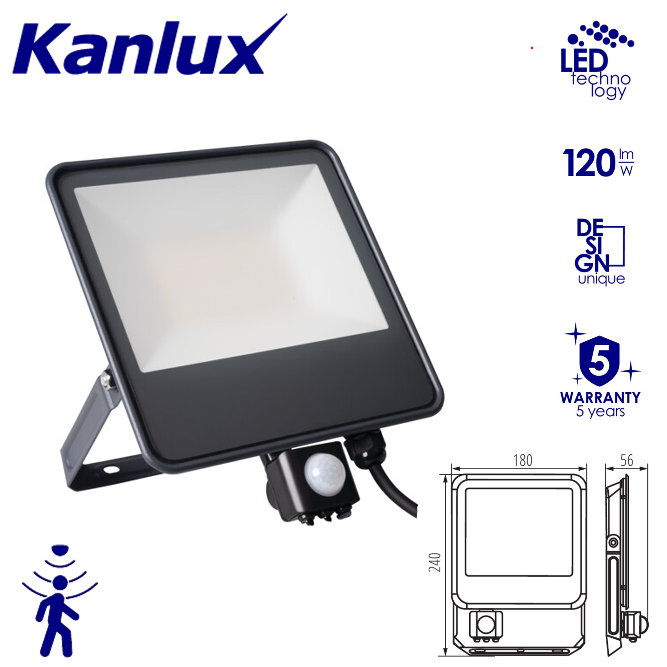 Kanlux IQ-LED FL Outdoor Garden Garage Floodlight - IP44 PIR Motion Sensor