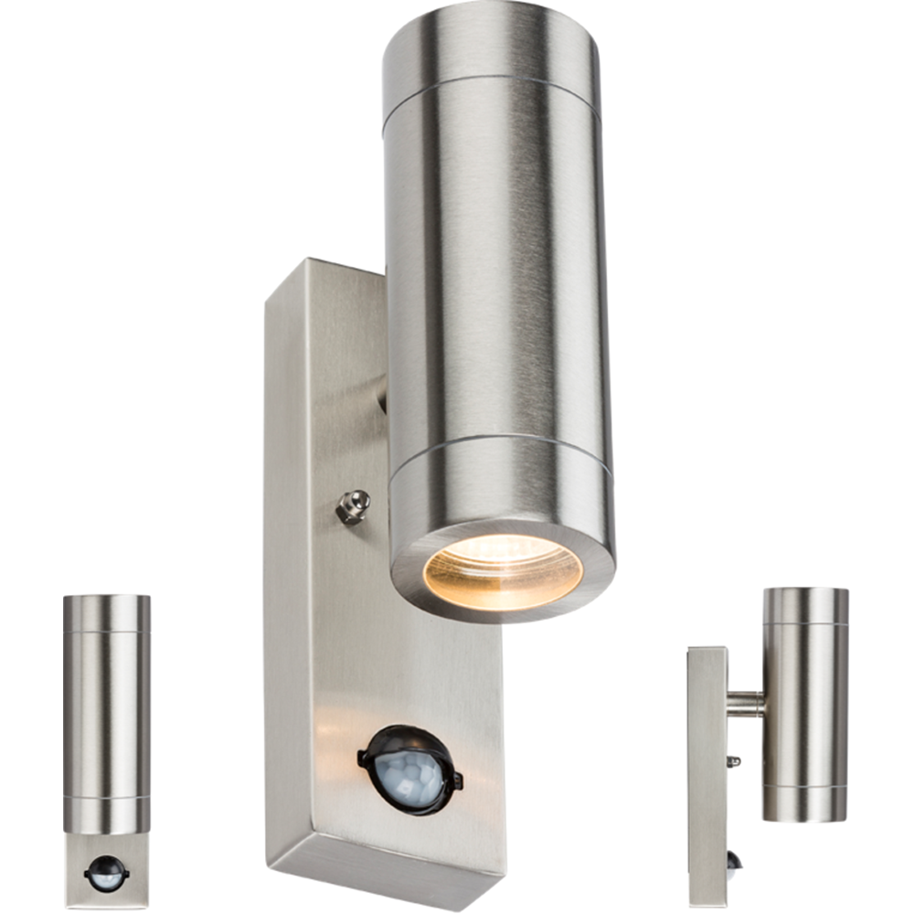 Knightsbridge 230V IP44 2 X GU10 Stainless Steel Up/Down Wall Light with Pir