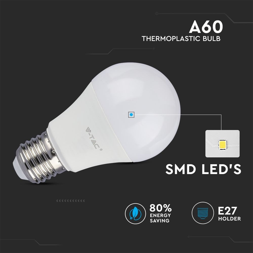 VTAC VT-2099 9W LED A60 Thermoplastic Light Bulb , E27 Base, 6400K, Non-Dimmable Pack of 3