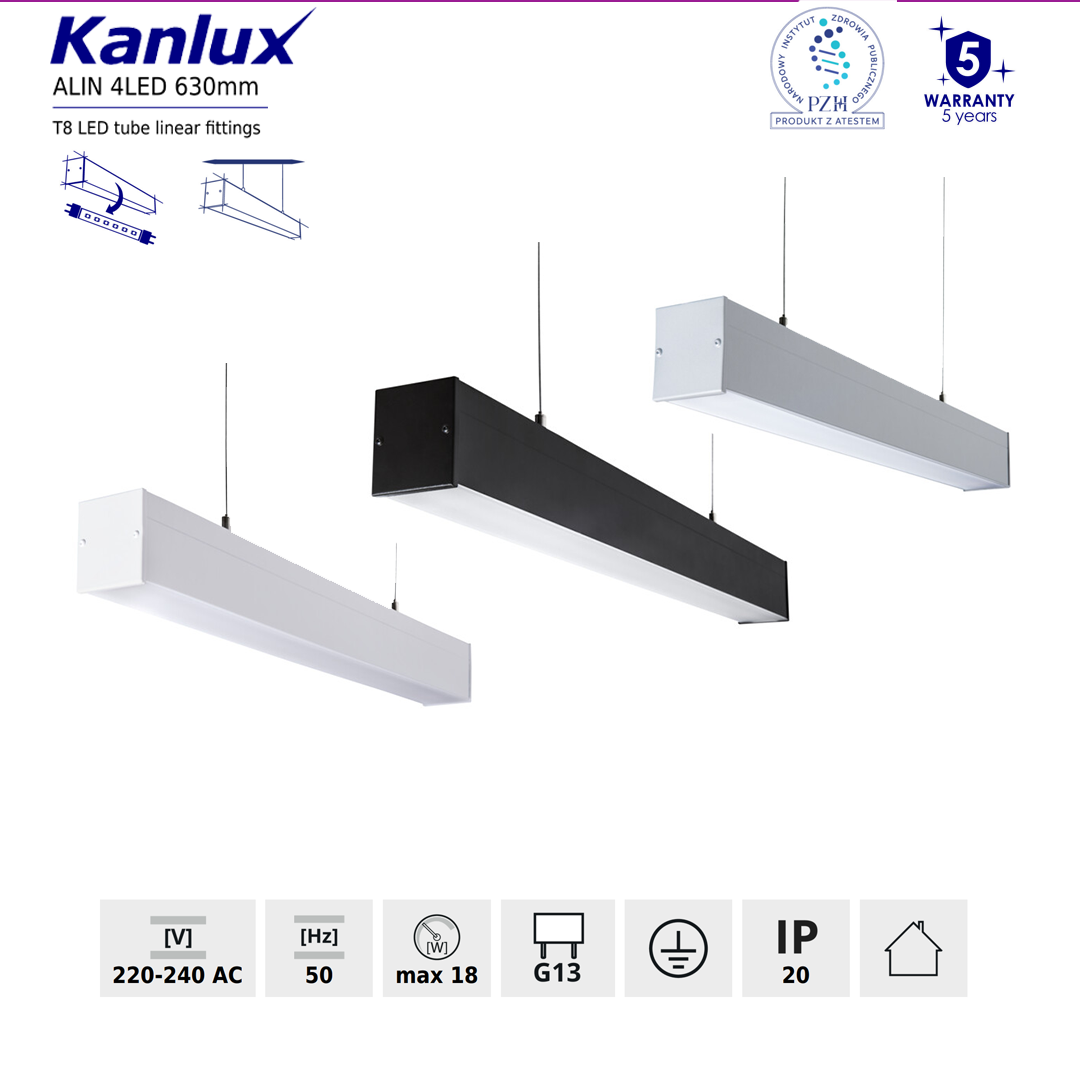 Kanlux 18W G13 T8 LED Tube Linear Fittings ALIN 4LED 630mm - Ceiling Mount Multi Colour Options