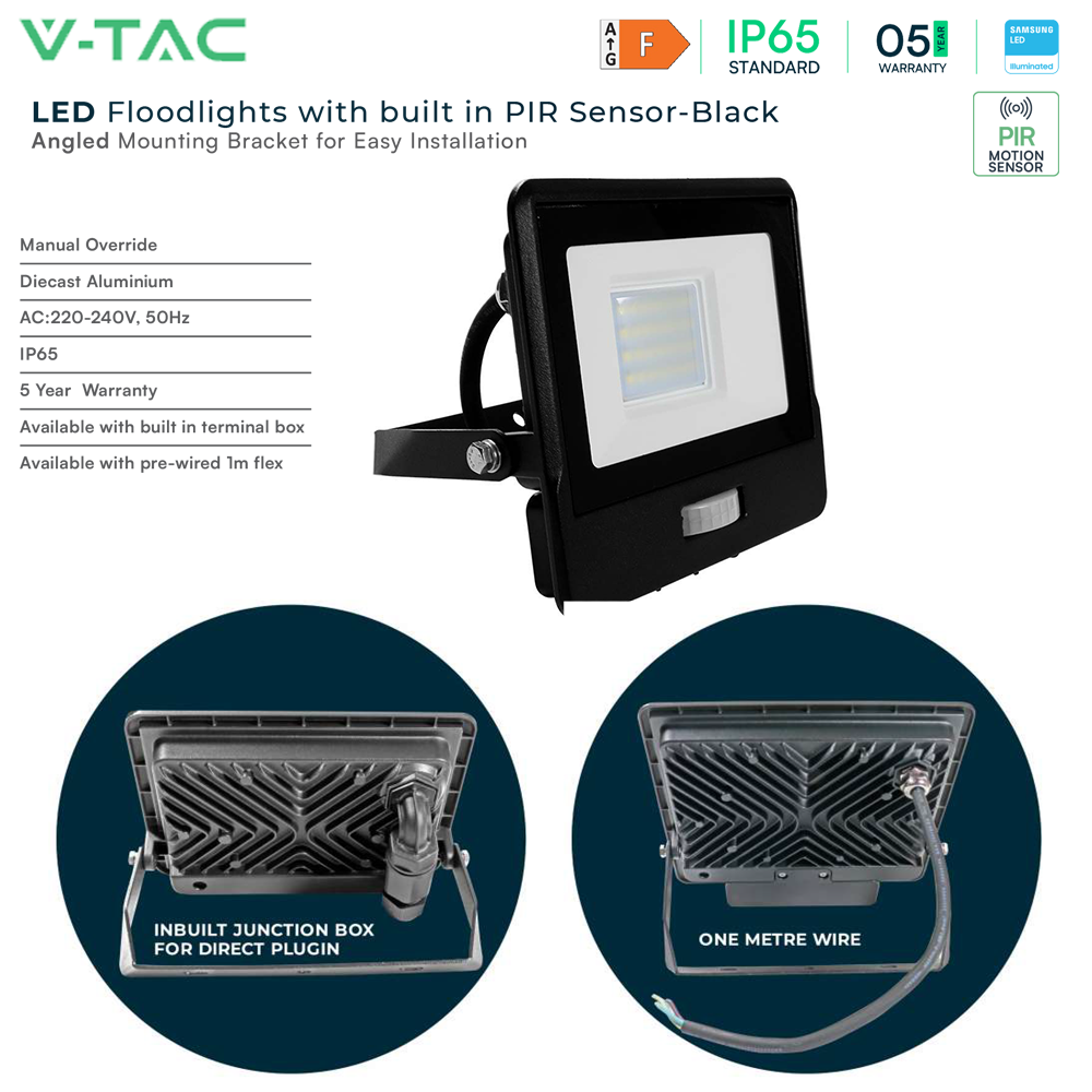 V-TAC VT-158S-1 PIR Motion Sensor Floodlight – IP65 Waterproof Outdoor LED with Samsung Chip - 1m Flex, Multi Wattage & Colour Option, Black Body