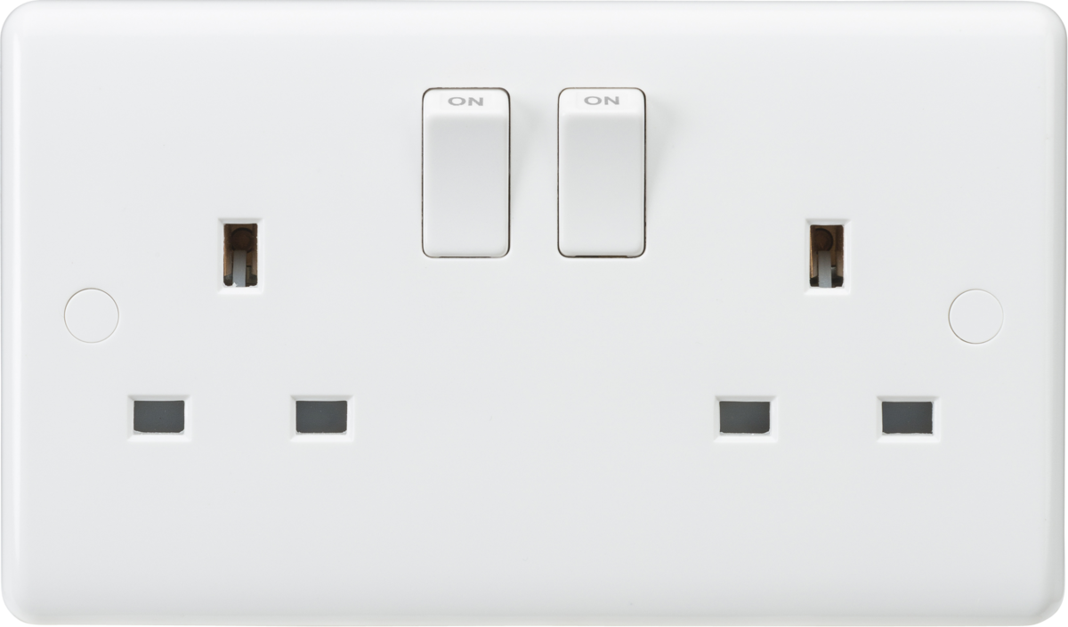 Knightsbridge Curved Edge White Plastic 13A 2G Double Switched Socket with Twin Earths - ASTA Approved