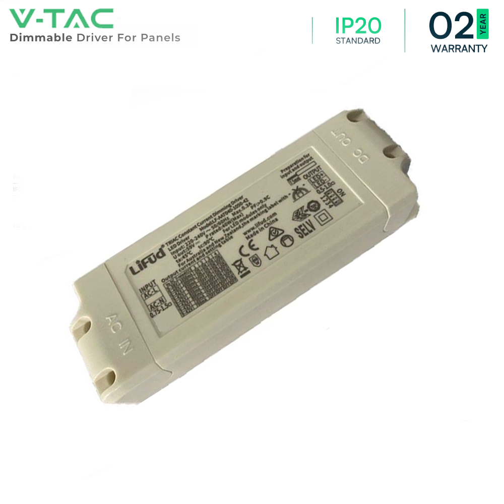 V-TAC - 40W TRIAC Dimmable LED Driver - AC 220-240V Input - DC 9-38V Output for LED Panels - Digital Dimmer