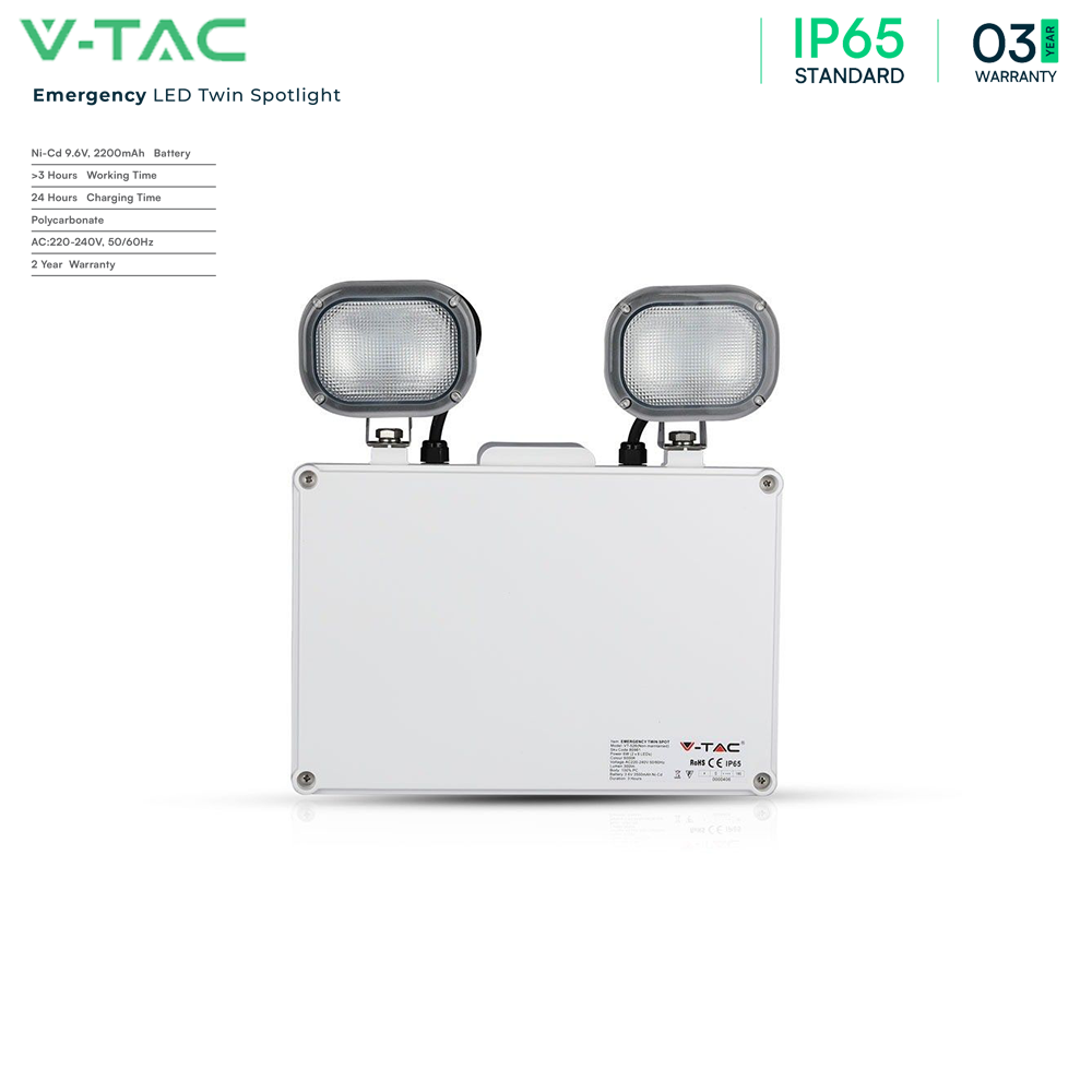 V-TAC VT-526 6W Maintained Emergency LED Twin Head Exit Light - 6000K IP65 Waterproof