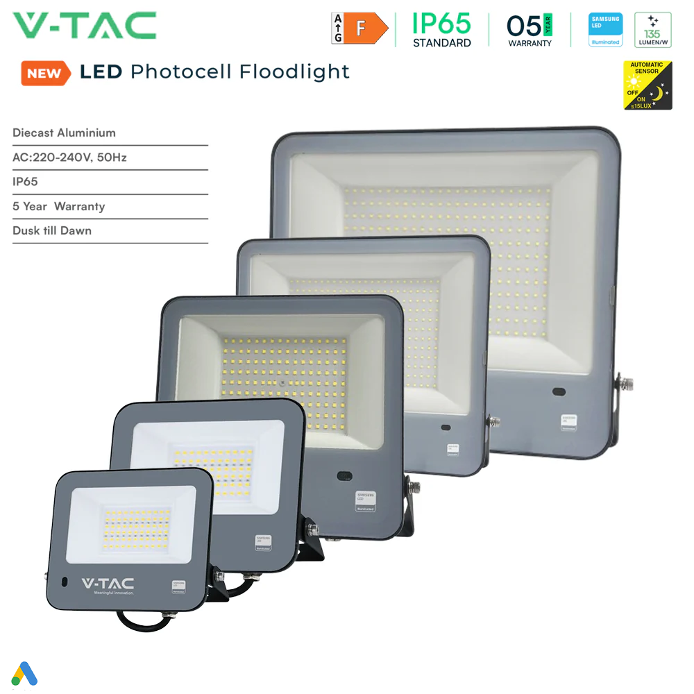 V-TAC VT-44032 Photocell Sensor Floodlight – IP65 Waterproof Outdoor LED with Samsung Chip, 1m Wire, Multiple Wattage & Colour Temperature Options, Black Body