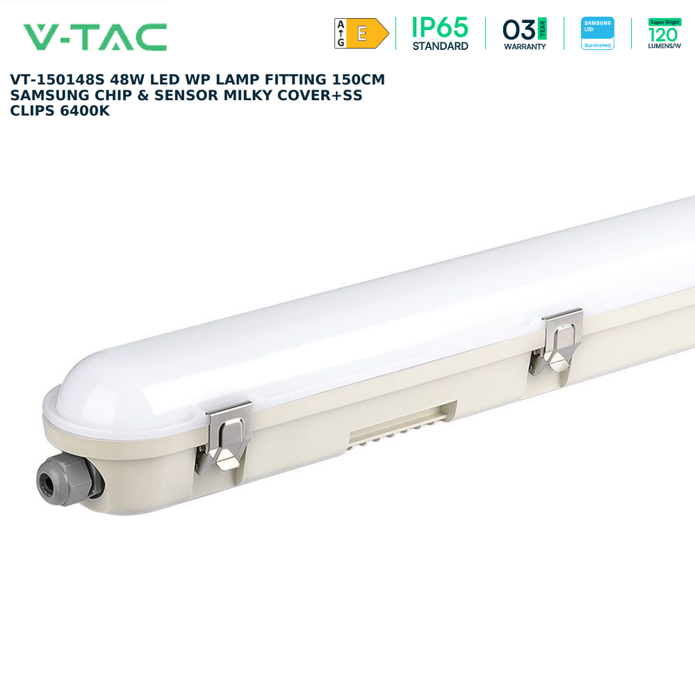 V-TAC VT-150148S LED 48W Waterproof IP65 Lamp Fitting Batten - 6400K , 5ft, Microwave Sensor, Milky Cover