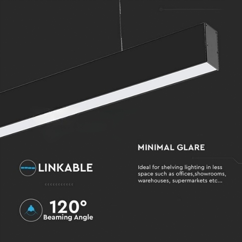 V-TAC 40W LED Linear Hanging Light with Samsung Chip - 3-in-1 Colour Temperature - Black Body - Florescent Batten Replacement