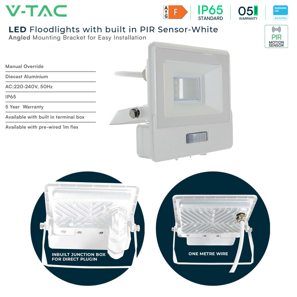 V-TAC VT-158S-1 PIR Motion Sensor Floodlight – IP65 Waterproof Outdoor LED with Samsung Chip - 1m Flex, Multi Wattage & Colour Option, White Body