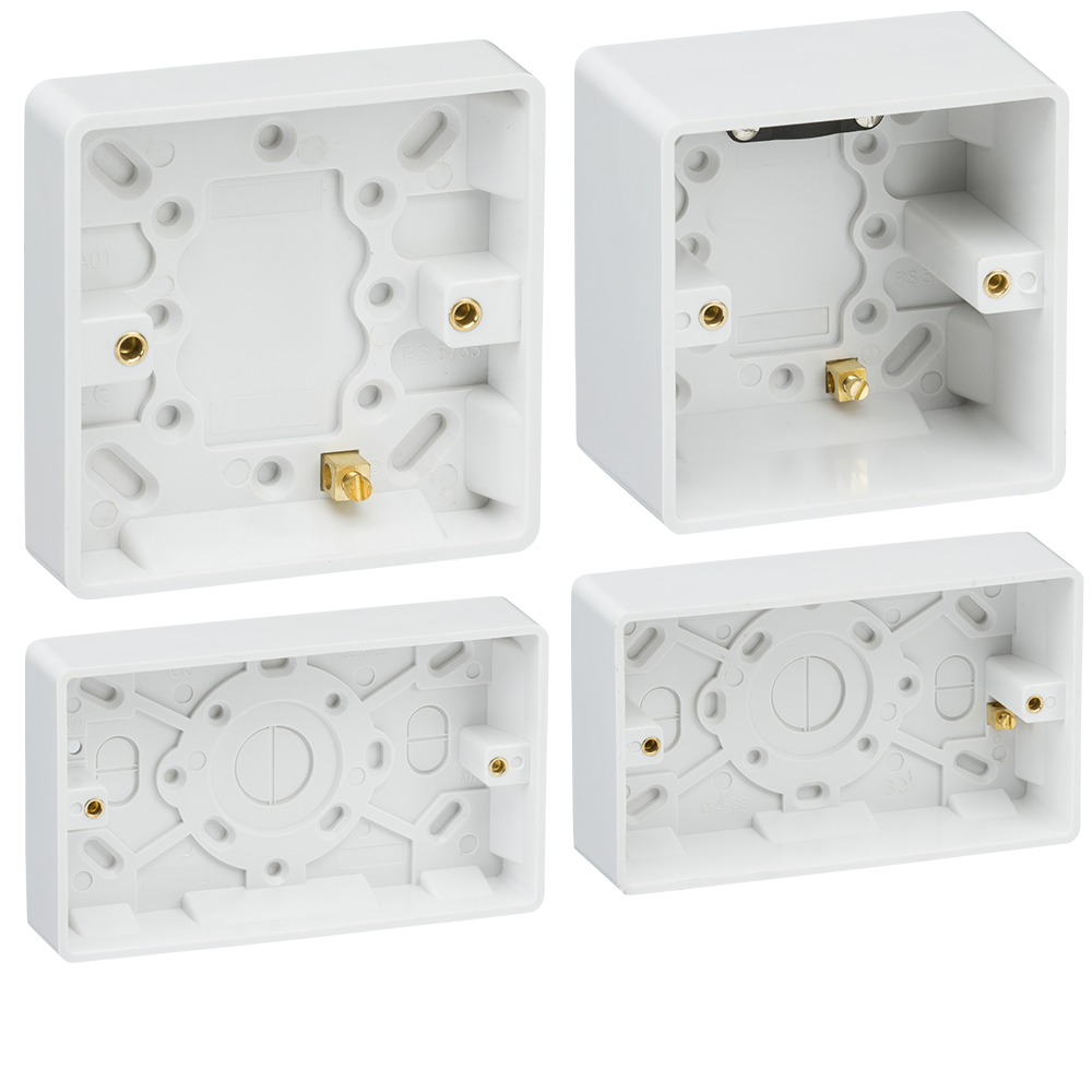 Knightsbridge Curved Edge White Plastic Pattress Boxes - Single & Double - 16mm, 25mm, 35mm, 47mm with Earth Terminal & Cable Strain Relief