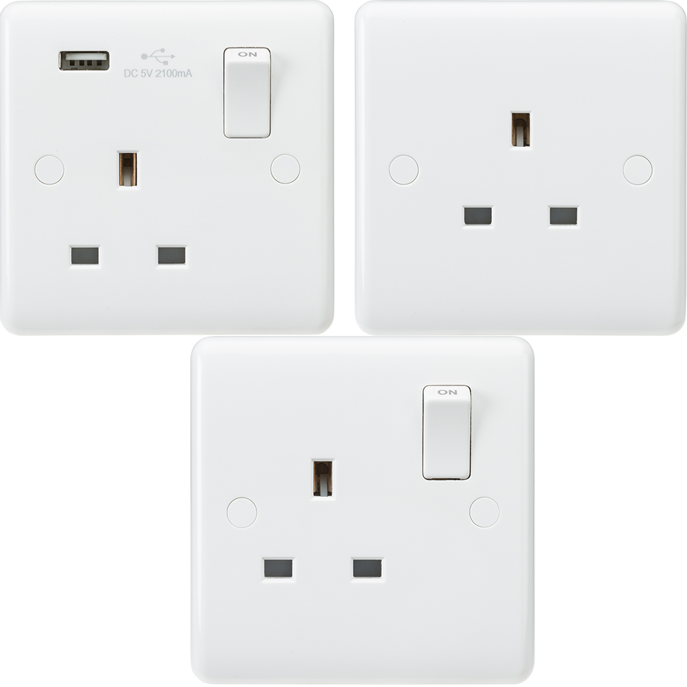 Knightsbridge Curved Edge White Plastic ASTA Approved Single Socket Range Switch Unswitched USB