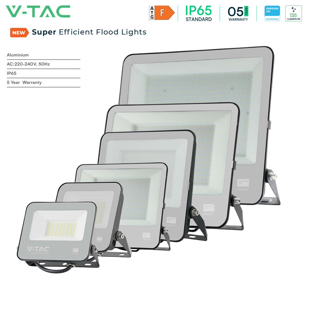 VTAC VT-44153 SMD IP65 Outdoor Waterproof Floodlight with Samsung Chip – 1M Wire, Multiple Wattage & Colour Temperature Options, Black Body