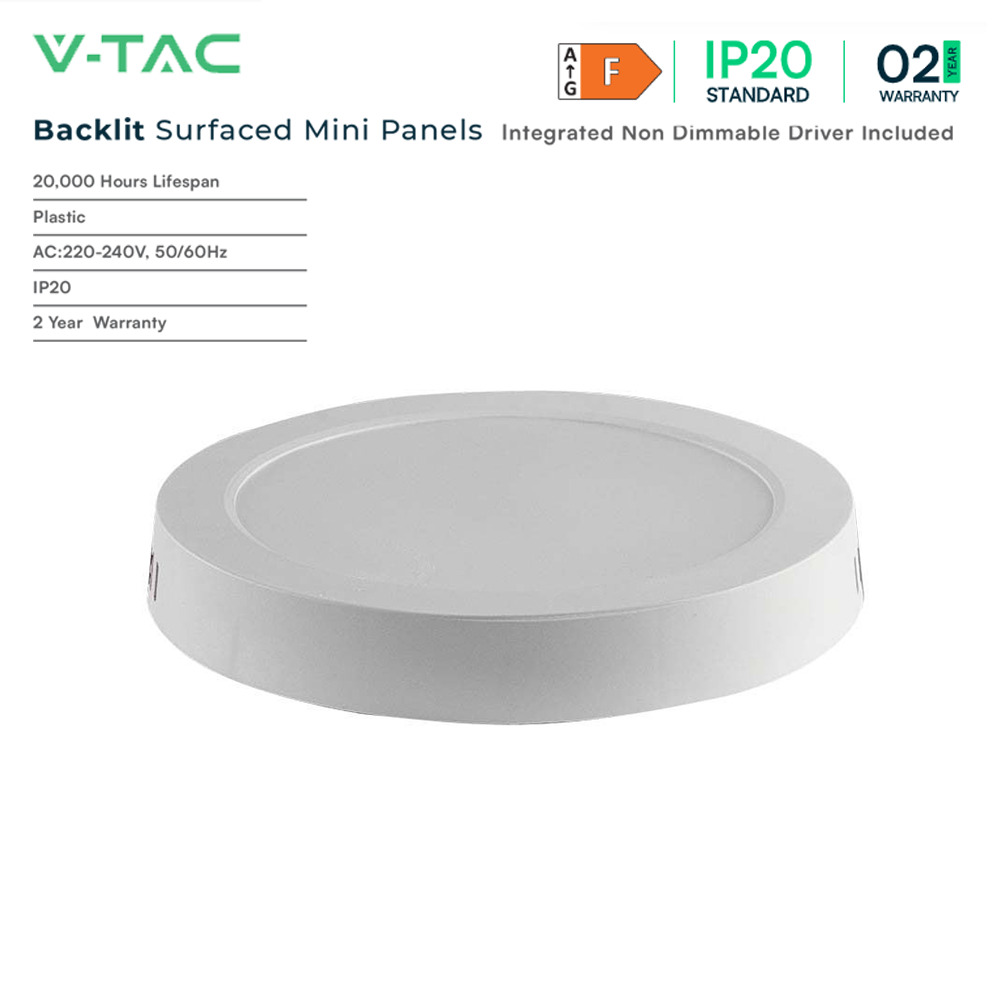 V-TAC Backlit LED Ceiling Surface Mounted Round Light Mini Panel - 3000K, 4000K, 6500K - Multi Wattage Options Available