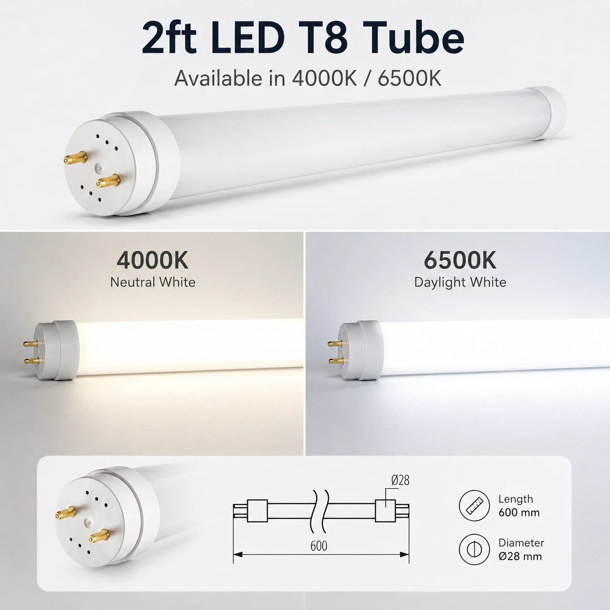 LED T8 Tube Light Fluorescent Replacement 2ft 4ft 5ft G13 4000K 6500K Lamp