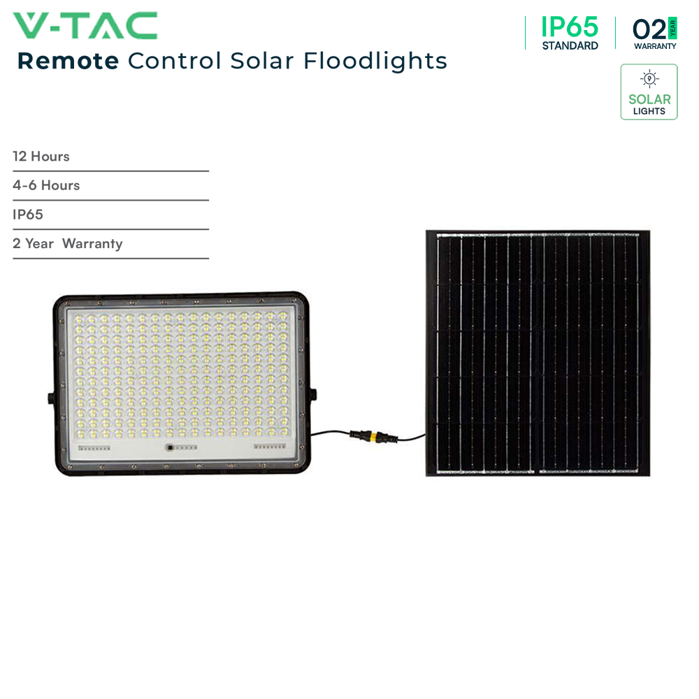 V-TAC VT IP65 Fast Charge Solar LED Floodlight With Smart IR Remote – Waterproof & Multi Wattage - Black Body