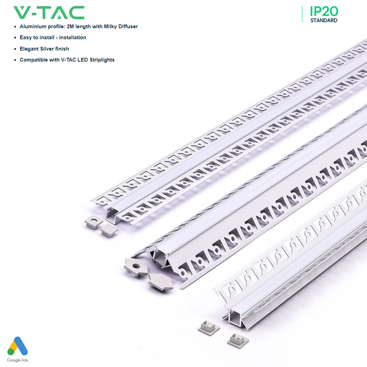 V-TAC VT-8102 2M Recessed LED Strip Tape Mounting Profile Silver Aluminum Housing Kit for Plaster Board with Diffuser - Indoor Lighting Accessory