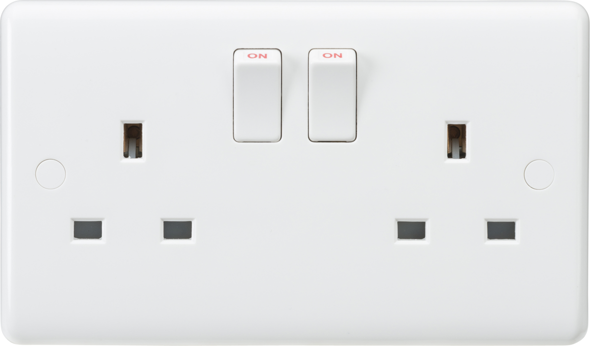 Knightsbridge Curved Edge White Plastic 13A 2G Wall Socket Switched, Unswitched, USB Charger Range