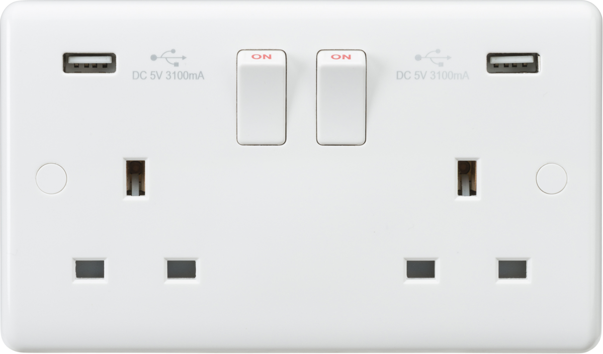 Knightsbridge Curved Edge White Plastic 13A 2G Twin Switched USB Socket Dual USB Charger 5V DC 3.1A Shared