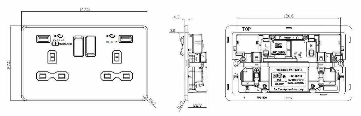 Knightsbridge 13A 2G DP Switched Socket with Dual USB Charger Type-A FAST CHARGE Port