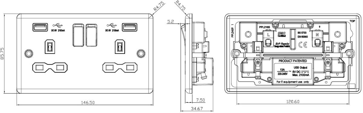 Knightsbridge 13A 2G Switched Socket with Dual USB Charger Port A + A 2.4A