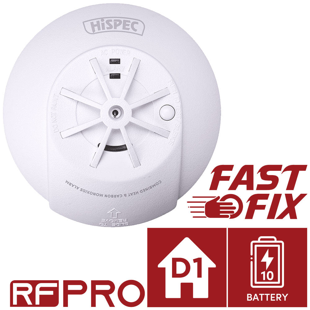 Hispec Combo Fast Fix Mains Interconnectable Heat & CO, Smoke & Heat Detector Alarm10yr Rechargeable Battery