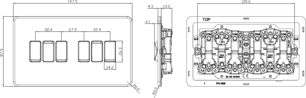 Knightsbridge Screwless 10AX 6G 6 Gang 2 Way Switch Plate