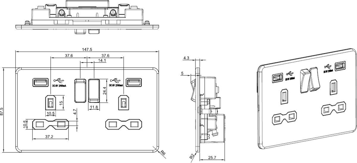 Knightsbridge 13A 2G switched socket with Dual USB charger A + A 2.4A