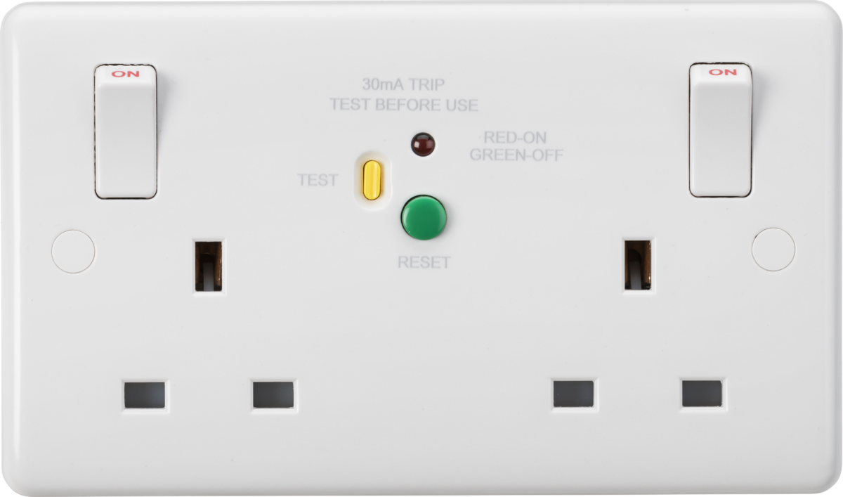 Knightsbridge Curved Edge White Plastic 13A 2G Wall Socket Switched, Unswitched, USB Charger Range