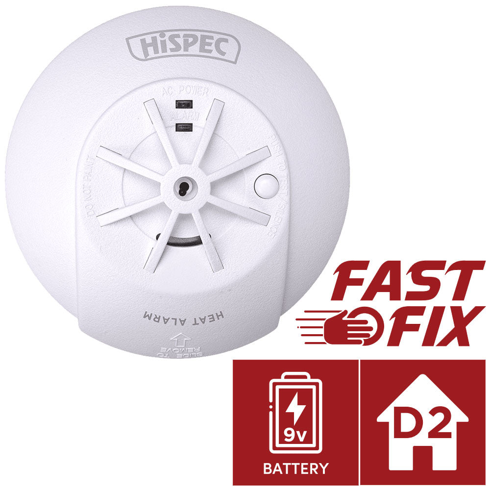 Hispec Interconnectable Fast Fix Mains Smoke, Heat & CO Detector Alarm 9v Battery Backup