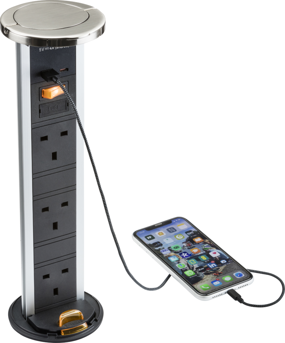 Knightsbridge IP54 3G Pop-Up Socket with Dual USB Charger A+C - FAST CHARGE