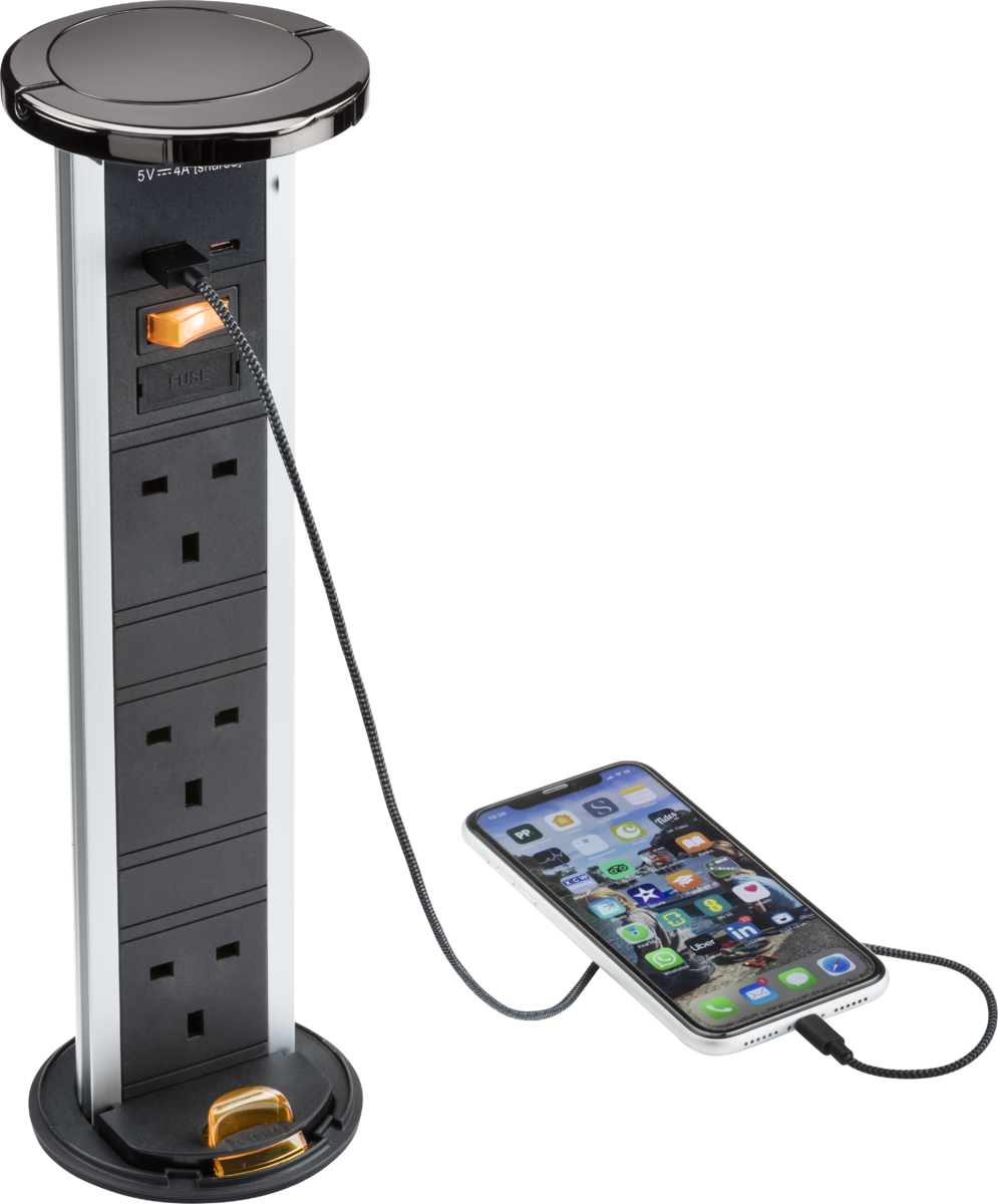 Knightsbridge IP54 3G Pop-Up Socket with Dual USB Charger A+C - FAST CHARGE