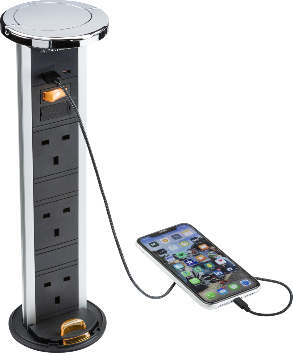 Knightsbridge IP54 3G Pop-Up Socket with Dual USB Charger A+C - FAST CHARGE