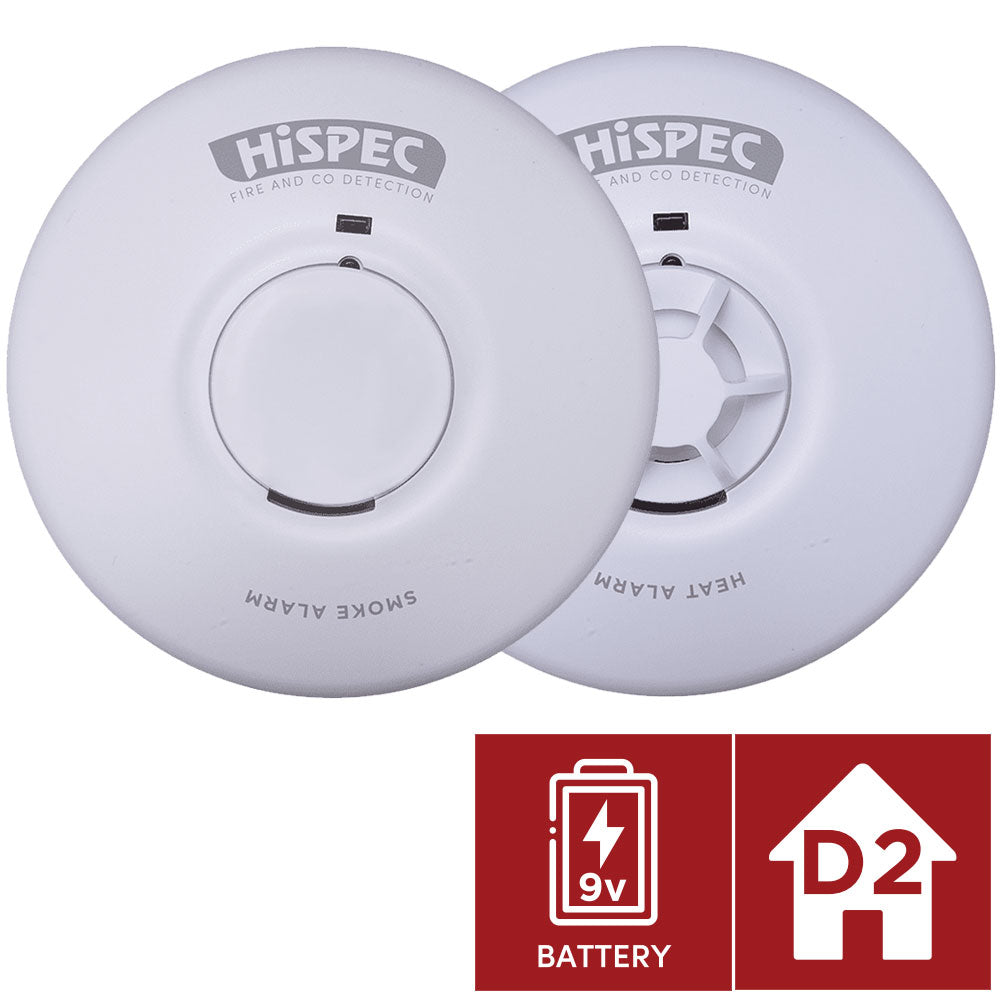 Hispec Interconnectable Mains Smoke, Heat Detector Alarm 240V 9v Battery Backup