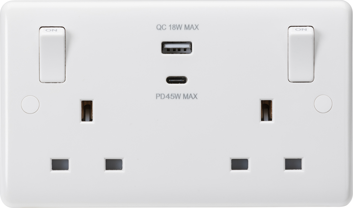 Knightsbridge Curved Edge White Plastic 13A 2G Wall Socket Switched, Unswitched, USB Charger Range