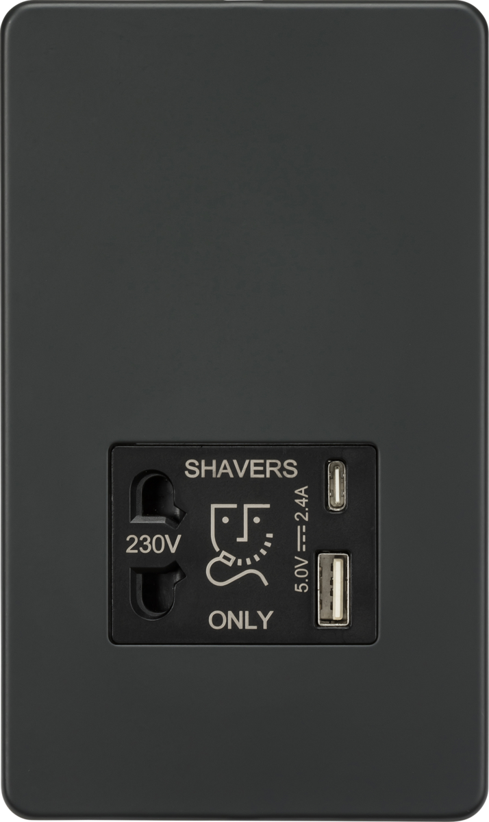 Knightsbridge Shaver Socket with Dual USB A+C 5V DC 2.4A Shared