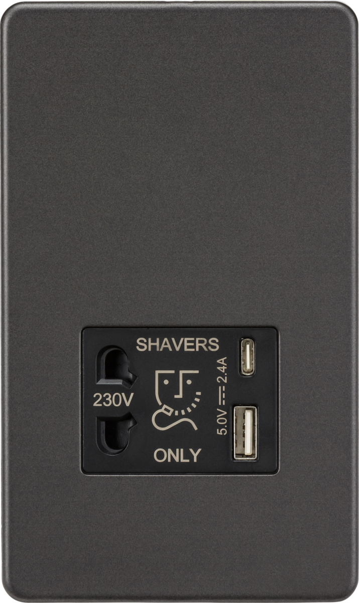 Knightsbridge Shaver Socket with Dual USB A+C 5V DC 2.4A Shared