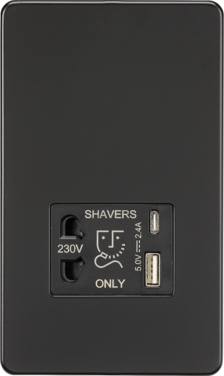 Knightsbridge Shaver Socket with Dual USB A+C 5V DC 2.4A Shared