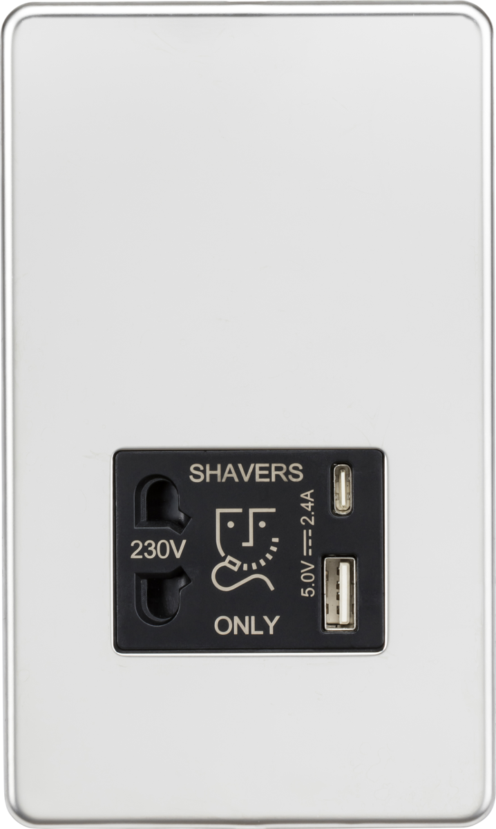 Knightsbridge Shaver Socket with Dual USB A+C 5V DC 2.4A Shared