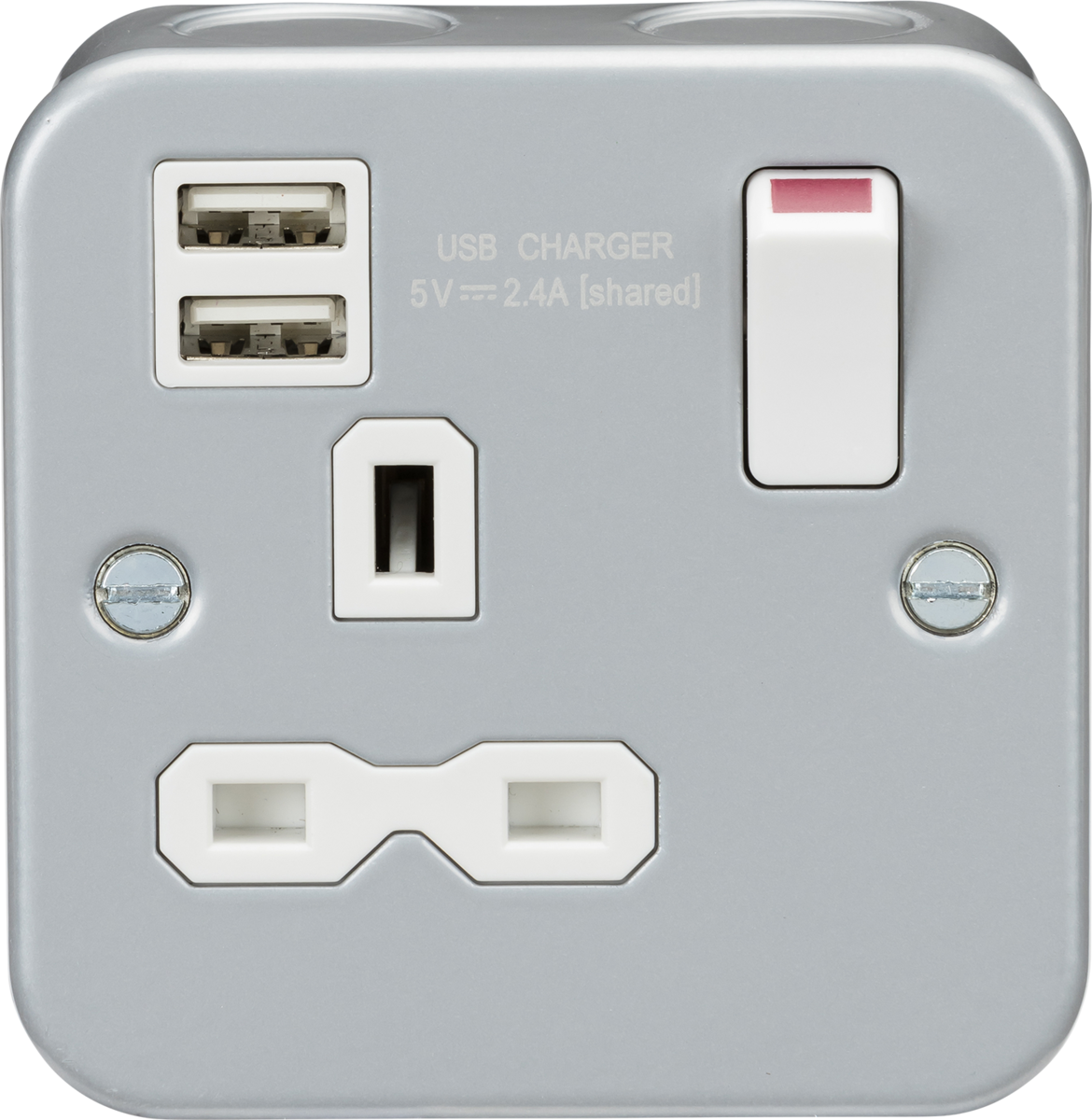 Knightsbridge Metal Clad 13A 1G 2G Switched Socket with Dual USB Charger 2.4A