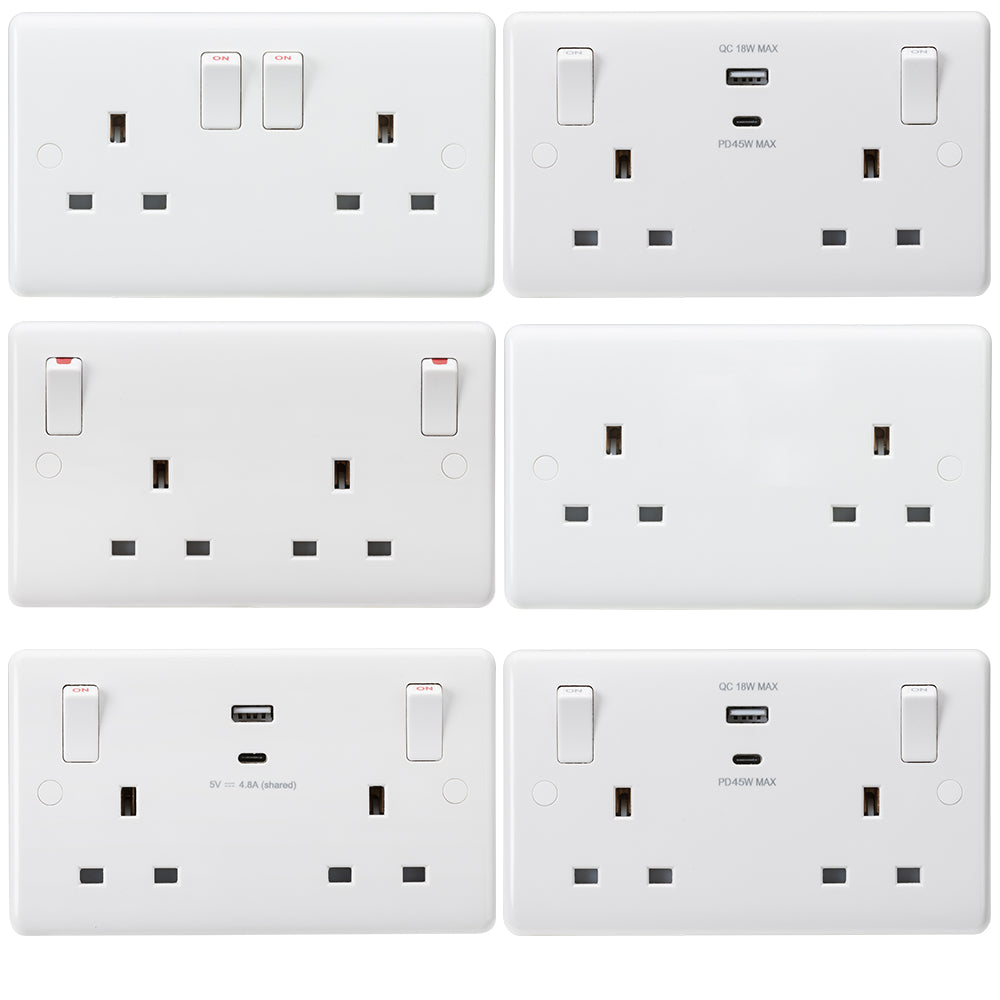 Knightsbridge Curved Edge White Plastic 13A 2G Wall Socket Switched, Unswitched, USB Charger Range