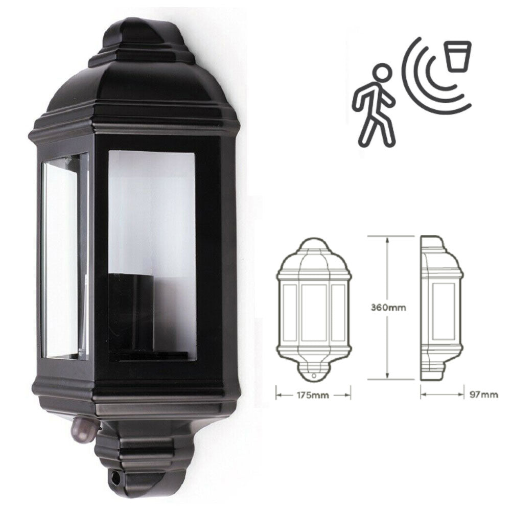 Half Lantern Wall Light Outdoor Clear Glass Segments PIR Motion Dusk Dawn Sensor