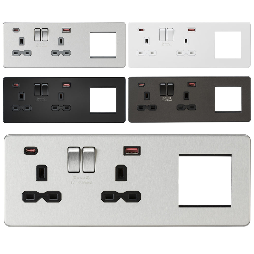 Knightsbridge Screwless 13A 2G DP Socket with USB Fastcharge + 2G Modular Combination Plate